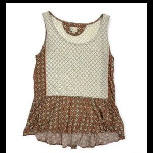 Anthropologie Women’s Sleeveless Top Size Medium Ruffle Hem Cream Brown Cotton